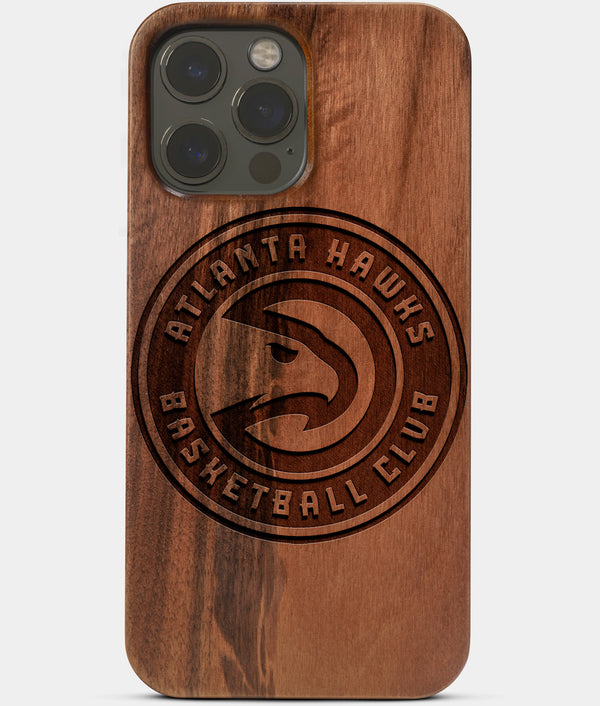 Carved Wood Atlanta Hawks iPhone 13 Pro Case | Custom Atlanta Hawks Gift, Birthday Gift | Personalized Mahogany Wood Cover, Gifts For Him, Monogrammed Gift For Fan | by Engraved In Nature