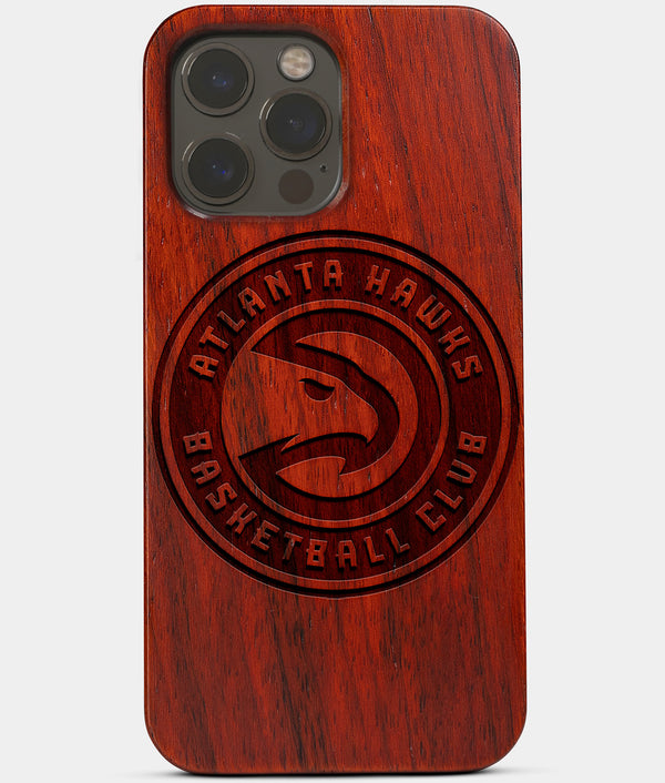 Carved Wood Atlanta Hawks iPhone 13 Pro Max Case | Custom Atlanta Hawks Gift, Birthday Gift | Personalized Mahogany Wood Cover, Gifts For Him, Monogrammed Gift For Fan | by Engraved In Nature