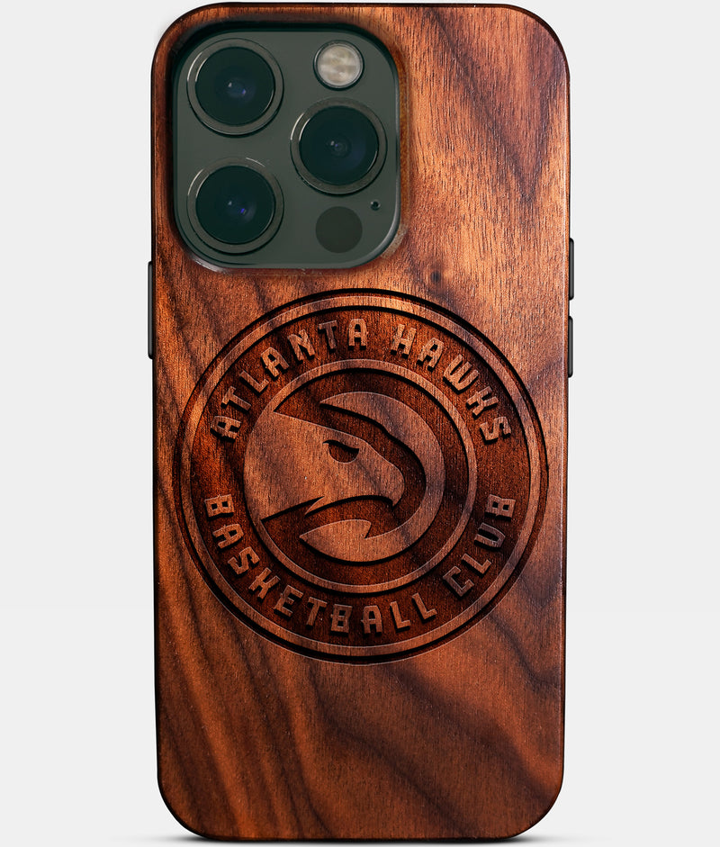 Eco-friendly Atlanta Hawks iPhone 14 Pro Case - Carved Wood Custom Atlanta Hawks Gift For Him - Monogrammed Personalized iPhone 14 Pro Cover By Engraved In Nature