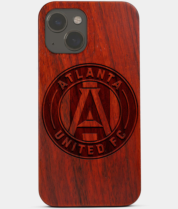 Carved Wood Atlanta United FC iPhone 13 Mini Case | Custom Atlanta United FC Gift, Birthday Gift | Personalized Mahogany Wood Cover, Gifts For Him, Monogrammed Gift For Fan | by Engraved In Nature