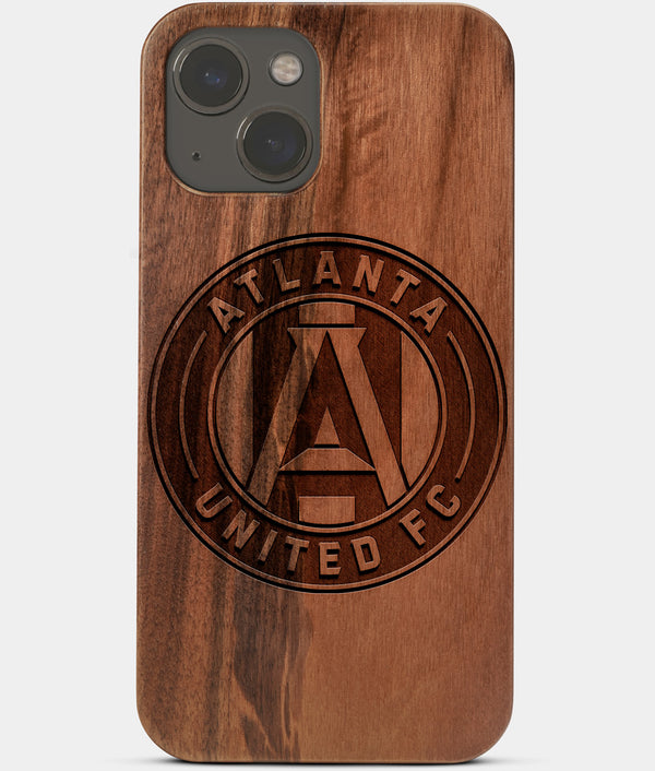 Carved Wood Atlanta United FC iPhone 13 Mini Case | Custom Atlanta United FC Gift, Birthday Gift | Personalized Mahogany Wood Cover, Gifts For Him, Monogrammed Gift For Fan | by Engraved In Nature