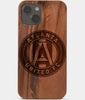 Carved Wood Atlanta United FC iPhone 13 Mini Case | Custom Atlanta United FC Gift, Birthday Gift | Personalized Mahogany Wood Cover, Gifts For Him, Monogrammed Gift For Fan | by Engraved In Nature