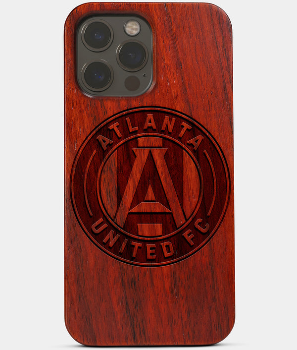 Carved Wood Atlanta United FC iPhone 13 Pro Case | Custom Atlanta United FC Gift, Birthday Gift | Personalized Mahogany Wood Cover, Gifts For Him, Monogrammed Gift For Fan | by Engraved In Nature