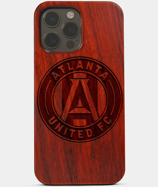 Carved Wood Atlanta United FC iPhone 13 Pro Max Case | Custom Atlanta United FC Gift, Birthday Gift | Personalized Mahogany Wood Cover, Gifts For Him, Monogrammed Gift For Fan | by Engraved In Nature