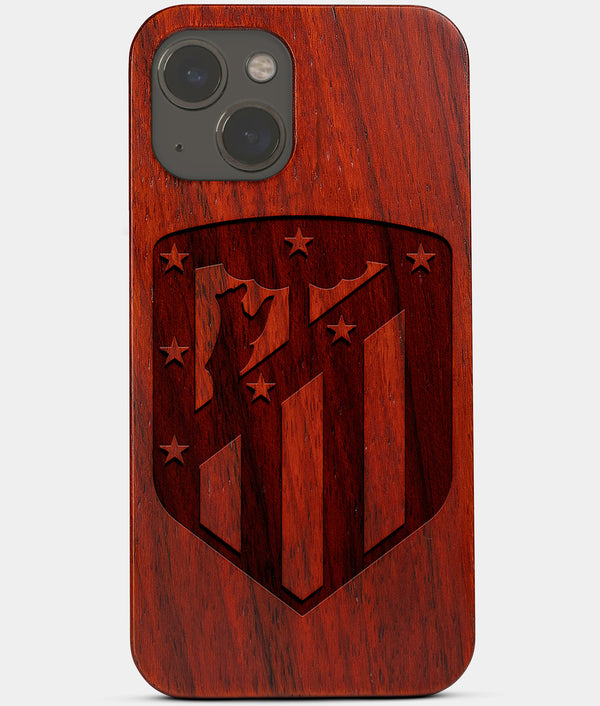 Carved Wood Atletico Madrid iPhone 13 Case | Custom Atletico Madrid Gift, Birthday Gift | Personalized Mahogany Wood Cover, Gifts For Him, Monogrammed Gift For Fan | by Engraved In Nature