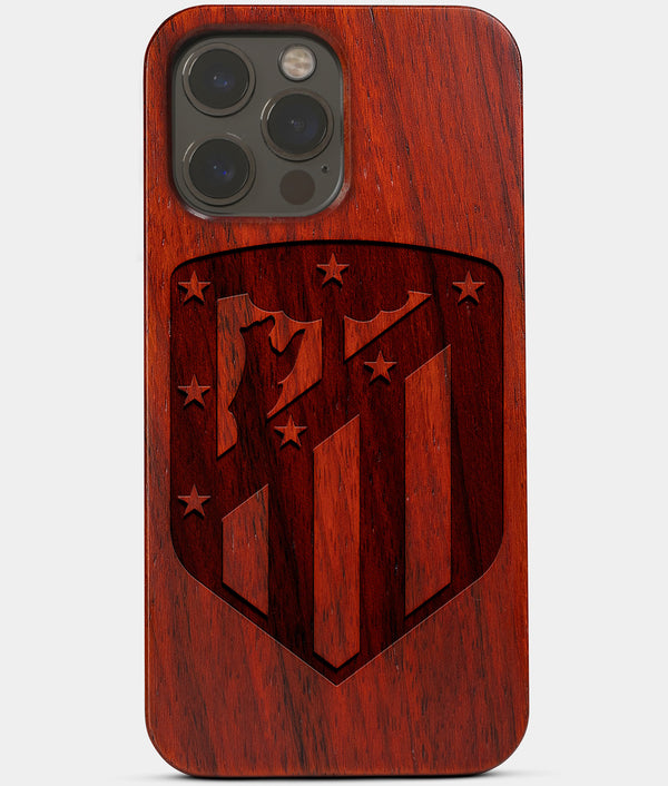 Carved Wood Atletico Madrid iPhone 13 Pro Case | Custom Atletico Madrid Gift, Birthday Gift | Personalized Mahogany Wood Cover, Gifts For Him, Monogrammed Gift For Fan | by Engraved In Nature