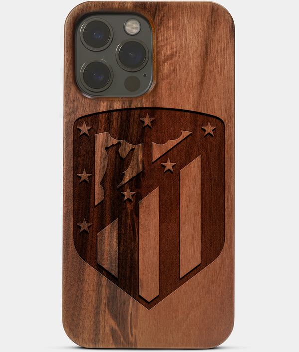 Carved Wood Atletico Madrid iPhone 13 Pro Case | Custom Atletico Madrid Gift, Birthday Gift | Personalized Mahogany Wood Cover, Gifts For Him, Monogrammed Gift For Fan | by Engraved In Nature