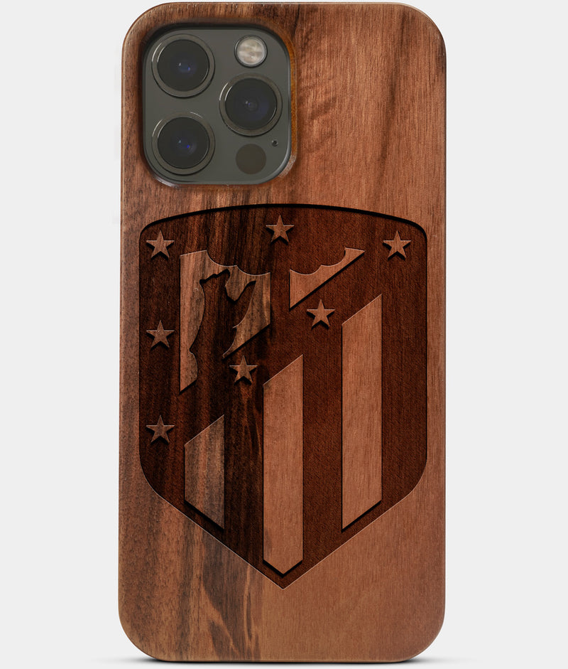 Carved Wood Atletico Madrid iPhone 13 Pro Max Case | Custom Atletico Madrid Gift, Birthday Gift | Personalized Mahogany Wood Cover, Gifts For Him, Monogrammed Gift For Fan | by Engraved In Nature