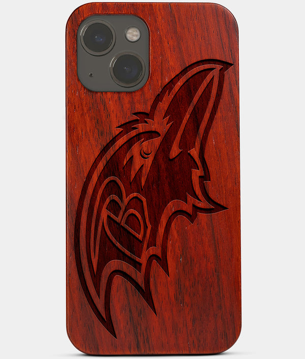 Carved Wood Baltimore Ravens iPhone 13 Mini Case | Custom Baltimore Ravens Gift, Birthday Gift | Personalized Mahogany Wood Cover, Gifts For Him, Monogrammed Gift For Fan | by Engraved In Nature