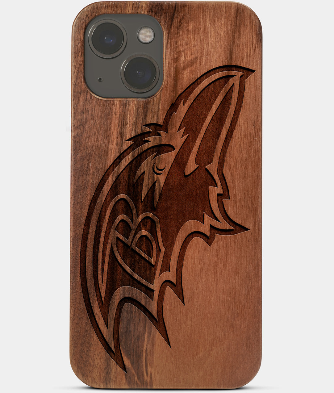 Carved Wood Baltimore Ravens iPhone 13 Mini Case | Custom Baltimore Ravens Gift, Birthday Gift | Personalized Mahogany Wood Cover, Gifts For Him, Monogrammed Gift For Fan | by Engraved In Nature
