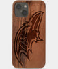 Carved Wood Baltimore Ravens iPhone 13 Mini Case | Custom Baltimore Ravens Gift, Birthday Gift | Personalized Mahogany Wood Cover, Gifts For Him, Monogrammed Gift For Fan | by Engraved In Nature