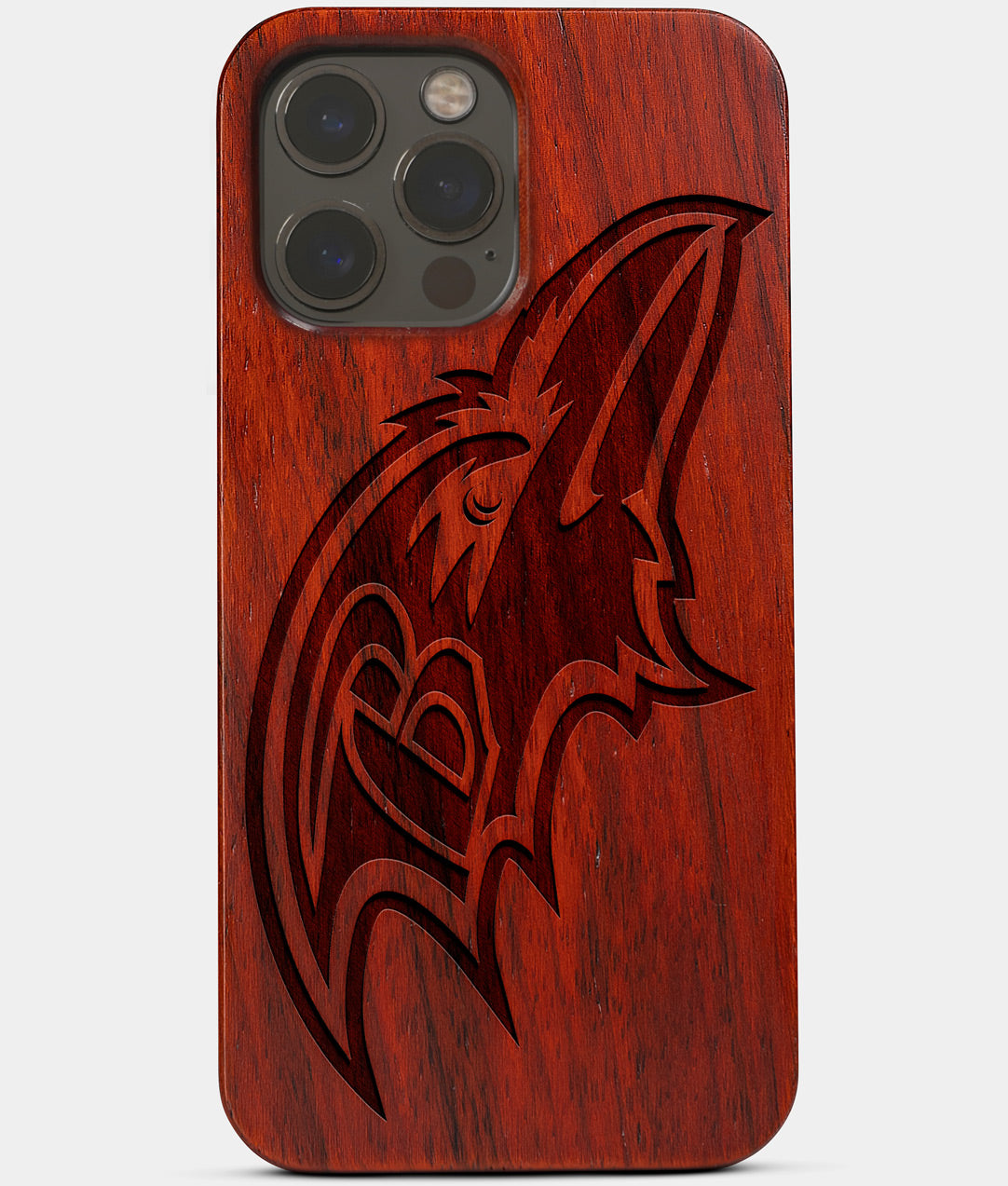 Carved Wood Baltimore Ravens iPhone 13 Pro Max Case | Custom Baltimore Ravens Gift, Birthday Gift | Personalized Mahogany Wood Cover, Gifts For Him, Monogrammed Gift For Fan | by Engraved In Nature