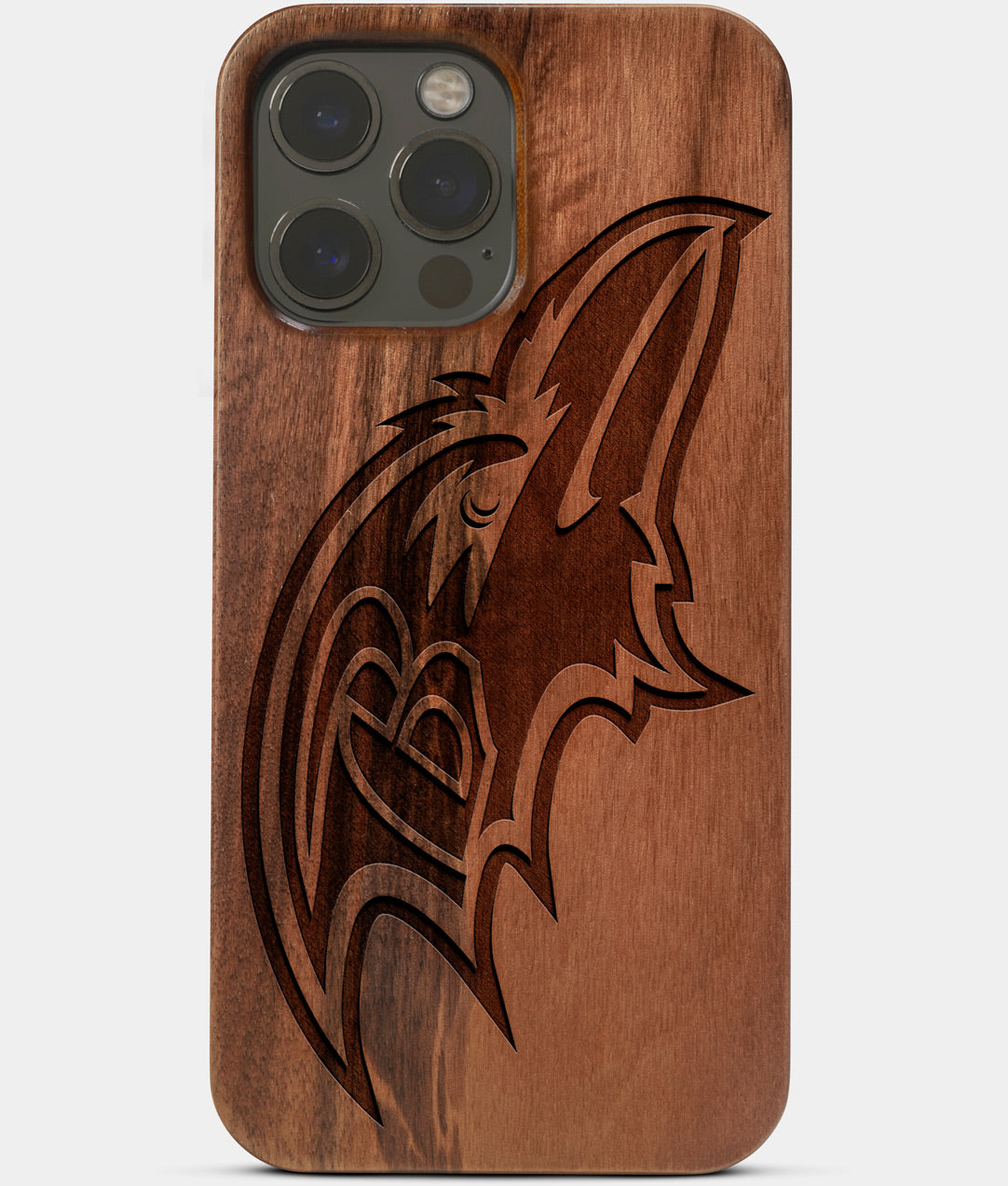 Carved Wood Baltimore Ravens iPhone 13 Pro Max Case | Custom Baltimore Ravens Gift, Birthday Gift | Personalized Mahogany Wood Cover, Gifts For Him, Monogrammed Gift For Fan | by Engraved In Nature