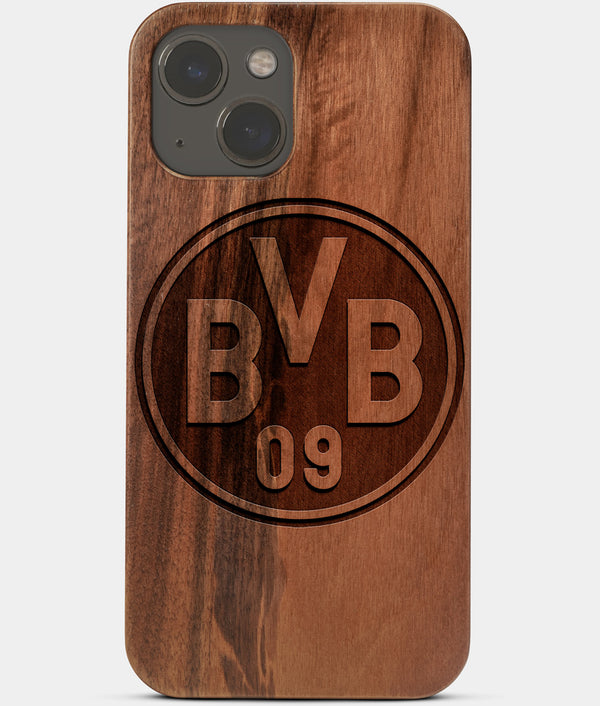 Carved Wood Borussia Dortmund iPhone 13 Mini Case | Custom Borussia Dortmund Gift, Birthday Gift | Personalized Mahogany Wood Cover, Gifts For Him, Monogrammed Gift For Fan | by Engraved In Nature