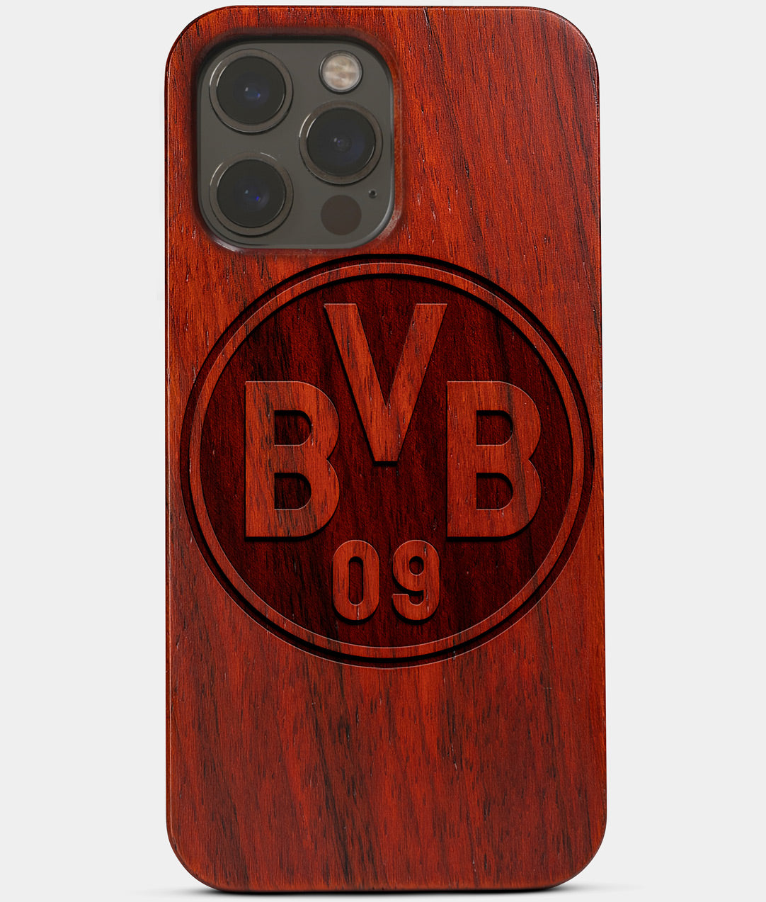 Carved Wood Borussia Dortmund iPhone 13 Pro Case | Custom Borussia Dortmund Gift, Birthday Gift | Personalized Mahogany Wood Cover, Gifts For Him, Monogrammed Gift For Fan | by Engraved In Nature