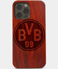 Carved Wood Borussia Dortmund iPhone 13 Pro Case | Custom Borussia Dortmund Gift, Birthday Gift | Personalized Mahogany Wood Cover, Gifts For Him, Monogrammed Gift For Fan | by Engraved In Nature