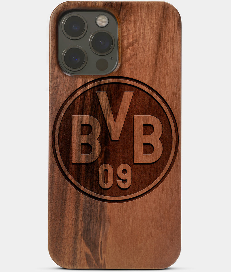Carved Wood Borussia Dortmund iPhone 13 Pro Case | Custom Borussia Dortmund Gift, Birthday Gift | Personalized Mahogany Wood Cover, Gifts For Him, Monogrammed Gift For Fan | by Engraved In Nature