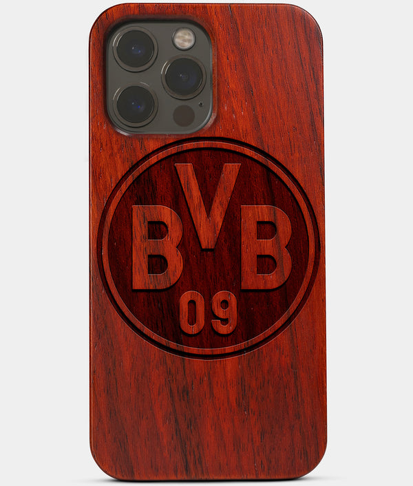 Carved Wood Borussia Dortmund iPhone 13 Pro Max Case | Custom Borussia Dortmund Gift, Birthday Gift | Personalized Mahogany Wood Cover, Gifts For Him, Monogrammed Gift For Fan | by Engraved In Nature