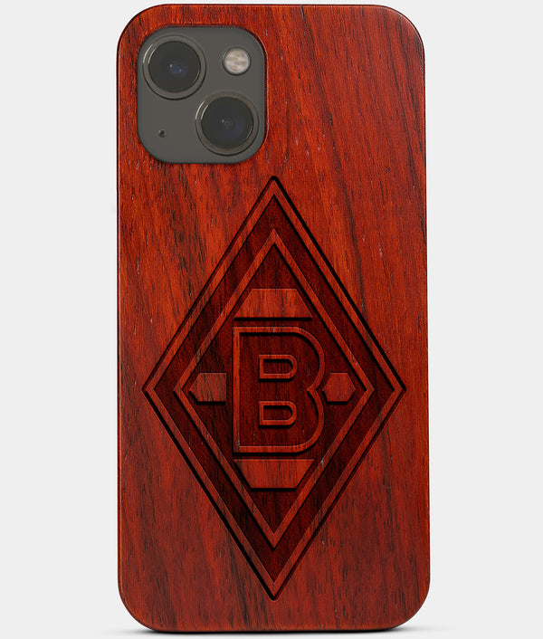 Carved Wood Borussia Monchengladbach iPhone 13 Case | Custom Borussia Monchengladbach Gift, Birthday Gift | Personalized Mahogany Wood Cover, Gifts For Him, Monogrammed Gift For Fan | by Engraved In Nature