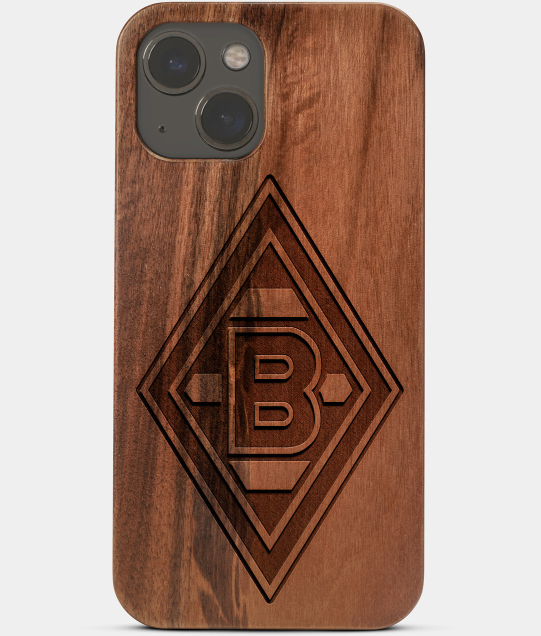Carved Wood Borussia Monchengladbach iPhone 13 Mini Case | Custom Borussia Monchengladbach Gift, Birthday Gift | Personalized Mahogany Wood Cover, Gifts For Him, Monogrammed Gift For Fan | by Engraved In Nature