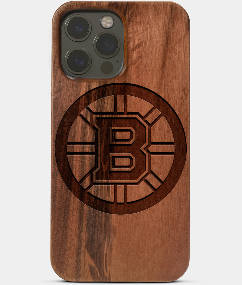 Carved Wood Boston Bruins iPhone 13 Pro Case | Custom Boston Bruins Gift, Birthday Gift | Personalized Mahogany Wood Cover, Gifts For Him, Monogrammed Gift For Fan | by Engraved In Nature
