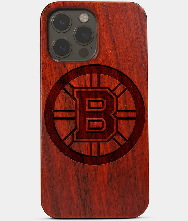 Carved Wood Boston Bruins iPhone 13 Pro Max Case | Custom Boston Bruins Gift, Birthday Gift | Personalized Mahogany Wood Cover, Gifts For Him, Monogrammed Gift For Fan | by Engraved In Nature