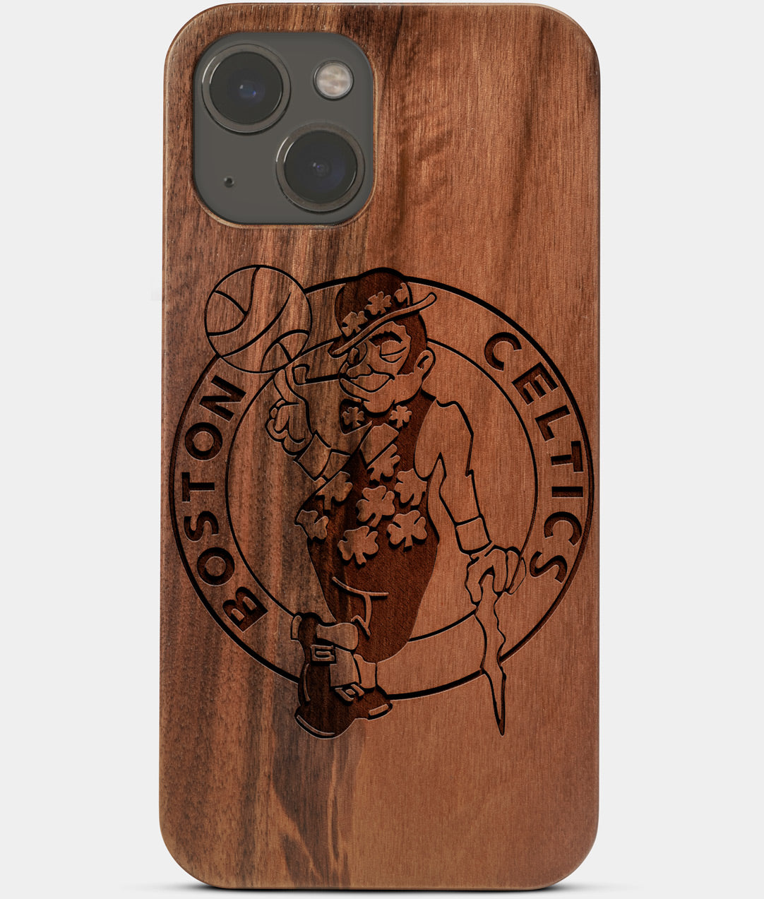 Carved Wood Boston Celtics iPhone 13 Case | Custom Boston Celtics Gift, Birthday Gift | Personalized Mahogany Wood Cover, Gifts For Him, Monogrammed Gift For Fan | by Engraved In Nature