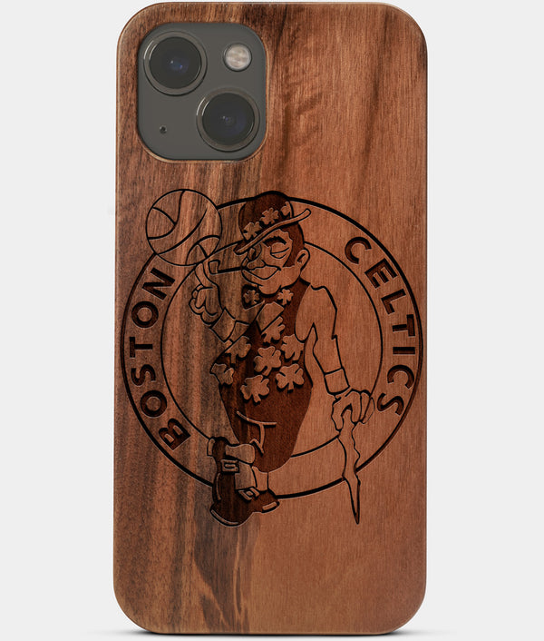 Carved Wood Boston Celtics iPhone 13 Case | Custom Boston Celtics Gift, Birthday Gift | Personalized Mahogany Wood Cover, Gifts For Him, Monogrammed Gift For Fan | by Engraved In Nature