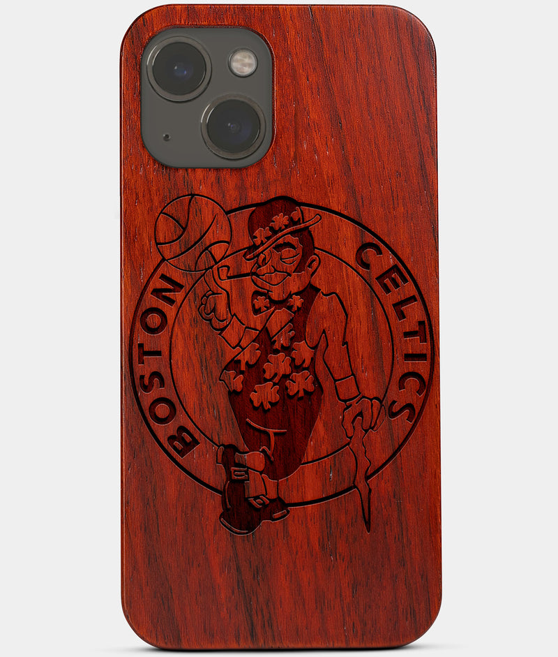 Carved Wood Boston Celtics iPhone 13 Mini Case | Custom Boston Celtics Gift, Birthday Gift | Personalized Mahogany Wood Cover, Gifts For Him, Monogrammed Gift For Fan | by Engraved In Nature