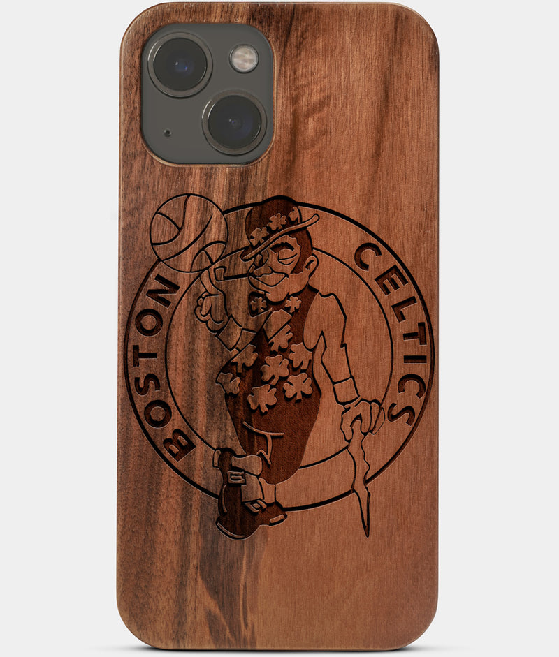 Carved Wood Boston Celtics iPhone 13 Mini Case | Custom Boston Celtics Gift, Birthday Gift | Personalized Mahogany Wood Cover, Gifts For Him, Monogrammed Gift For Fan | by Engraved In Nature