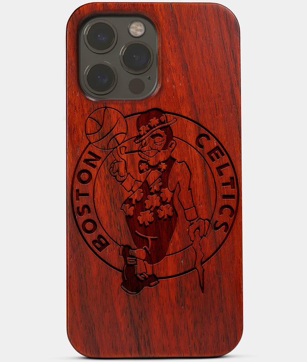 Carved Wood Boston Celtics iPhone 13 Pro Case | Custom Boston Celtics Gift, Birthday Gift | Personalized Mahogany Wood Cover, Gifts For Him, Monogrammed Gift For Fan | by Engraved In Nature