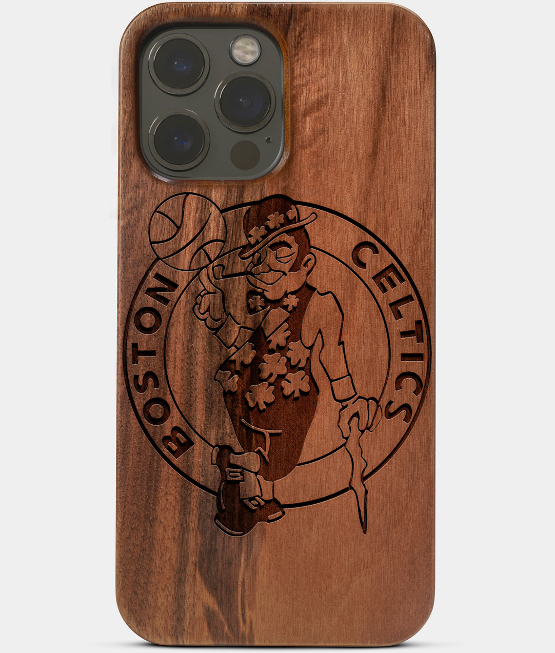 Carved Wood Boston Celtics iPhone 13 Pro Max Case | Custom Boston Celtics Gift, Birthday Gift | Personalized Mahogany Wood Cover, Gifts For Him, Monogrammed Gift For Fan | by Engraved In Nature