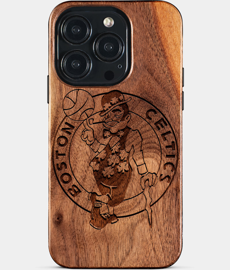 Eco-friendly Boston Celtics iPhone 15 Pro Case - Carved Wood Custom Boston Celtics Gift For Him - Monogrammed Personalized iPhone 15 Pro Cover By Engraved In Nature