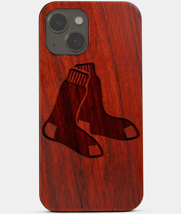 Carved Wood Boston Red Sox iPhone 13 Mini Case | Custom Boston Red Sox Gift, Birthday Gift | Personalized Mahogany Wood Cover, Gifts For Him, Monogrammed Gift For Fan | by Engraved In Nature