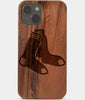 Carved Wood Boston Red Sox iPhone 13 Mini Case | Custom Boston Red Sox Gift, Birthday Gift | Personalized Mahogany Wood Cover, Gifts For Him, Monogrammed Gift For Fan | by Engraved In Nature