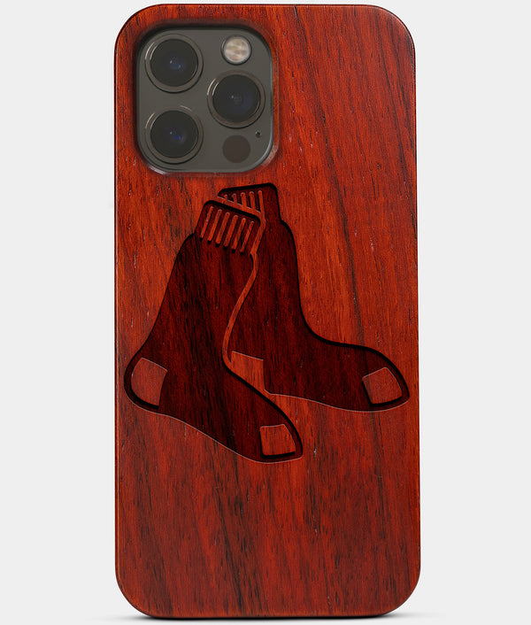 Carved Wood Boston Red Sox iPhone 13 Pro Case | Custom Boston Red Sox Gift, Birthday Gift | Personalized Mahogany Wood Cover, Gifts For Him, Monogrammed Gift For Fan | by Engraved In Nature