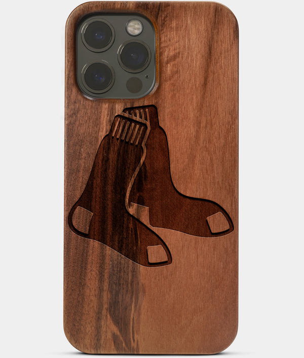 Carved Wood Boston Red Sox iPhone 13 Pro Max Case | Custom Boston Red Sox Gift, Birthday Gift | Personalized Mahogany Wood Cover, Gifts For Him, Monogrammed Gift For Fan | by Engraved In Nature