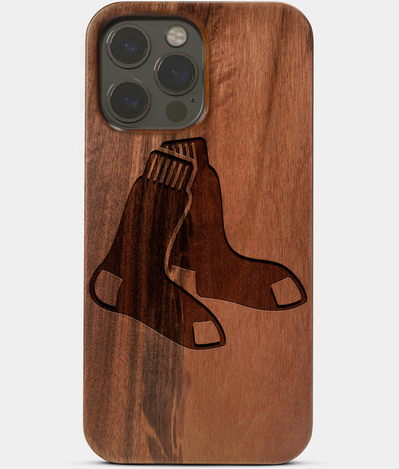 Carved Wood Boston Red Sox iPhone 13 Pro Max Case | Custom Boston Red Sox Gift, Birthday Gift | Personalized Mahogany Wood Cover, Gifts For Him, Monogrammed Gift For Fan | by Engraved In Nature