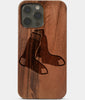 Carved Wood Boston Red Sox iPhone 13 Pro Max Case | Custom Boston Red Sox Gift, Birthday Gift | Personalized Mahogany Wood Cover, Gifts For Him, Monogrammed Gift For Fan | by Engraved In Nature