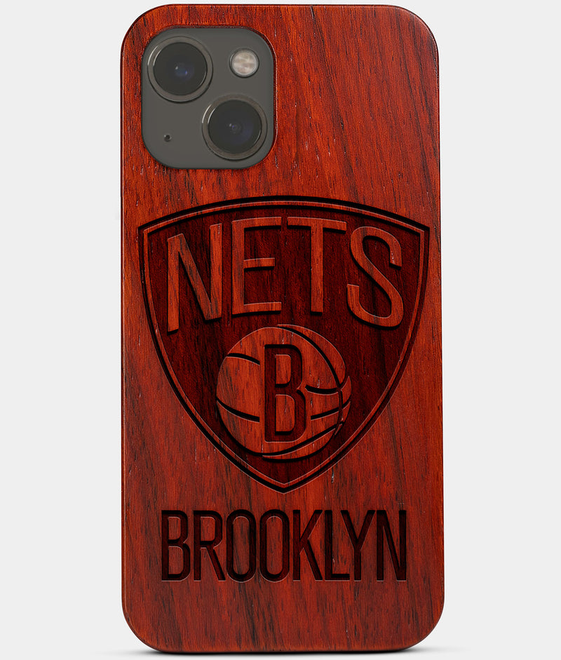 Carved Wood Brooklyn Nets iPhone 13 Case | Custom Brooklyn Nets Gift, Birthday Gift | Personalized Mahogany Wood Cover, Gifts For Him, Monogrammed Gift For Fan | by Engraved In Nature