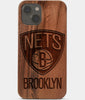 Carved Wood Brooklyn Nets iPhone 13 Mini Case | Custom Brooklyn Nets Gift, Birthday Gift | Personalized Mahogany Wood Cover, Gifts For Him, Monogrammed Gift For Fan | by Engraved In Nature