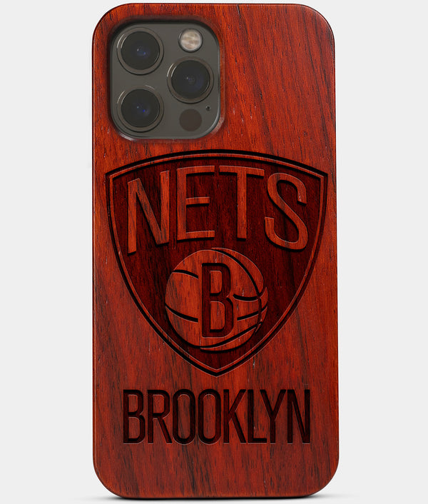 Carved Wood Brooklyn Nets iPhone 13 Pro Case | Custom Brooklyn Nets Gift, Birthday Gift | Personalized Mahogany Wood Cover, Gifts For Him, Monogrammed Gift For Fan | by Engraved In Nature