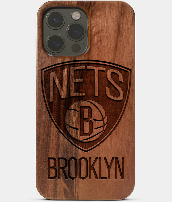 Carved Wood Brooklyn Nets iPhone 13 Pro Case | Custom Brooklyn Nets Gift, Birthday Gift | Personalized Mahogany Wood Cover, Gifts For Him, Monogrammed Gift For Fan | by Engraved In Nature