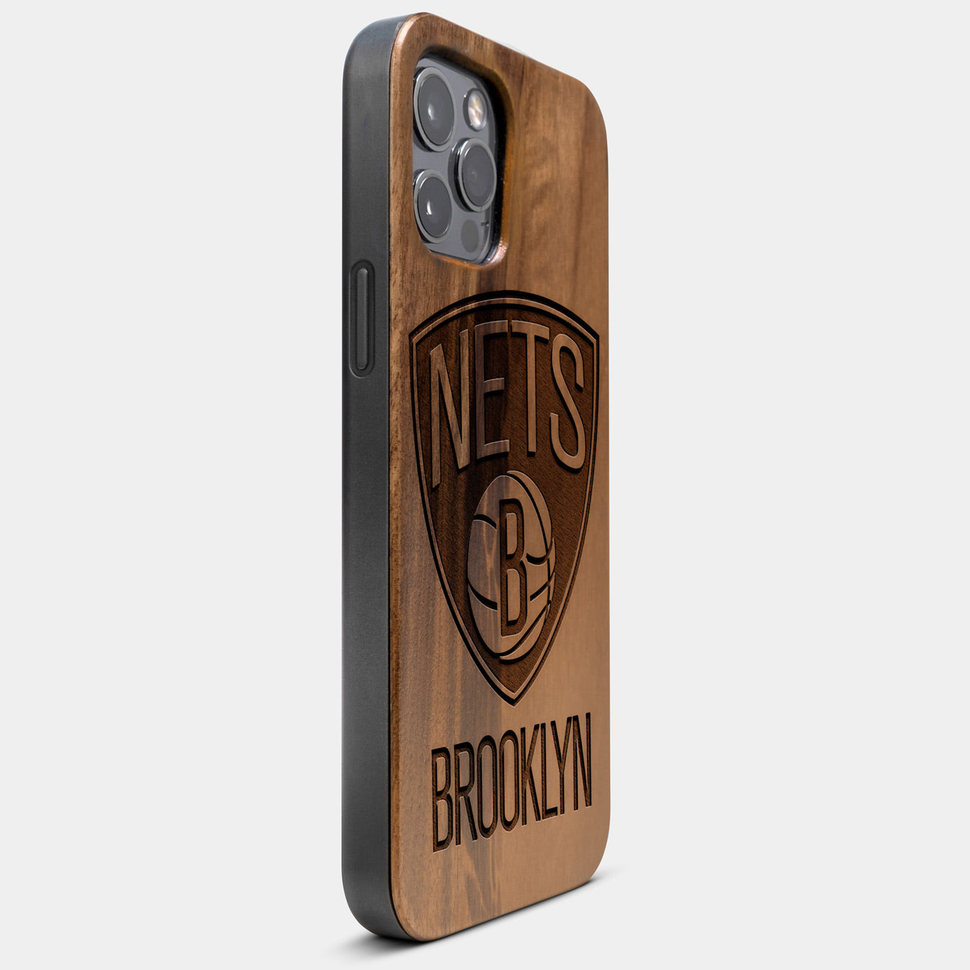 Best Wood Brooklyn Nets iPhone 13 Pro Max Case | Custom Brooklyn Nets Gift | Walnut Wood Cover - Engraved In Nature