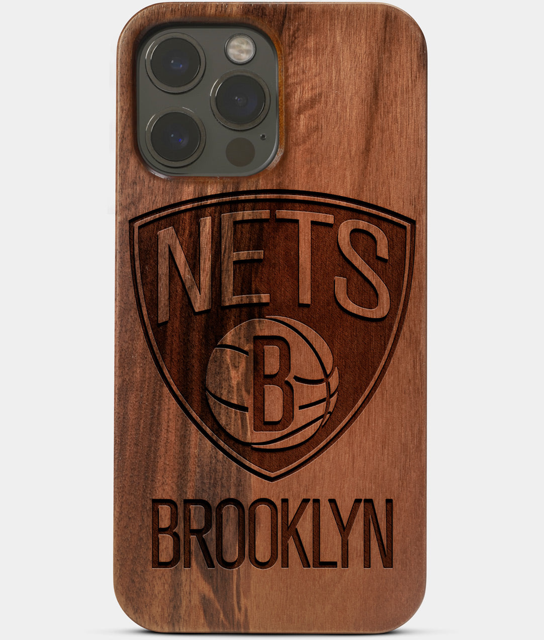 Carved Wood Brooklyn Nets iPhone 13 Pro Max Case | Custom Brooklyn Nets Gift, Birthday Gift | Personalized Mahogany Wood Cover, Gifts For Him, Monogrammed Gift For Fan | by Engraved In Nature