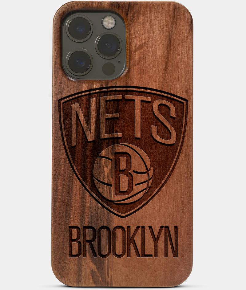Carved Wood Brooklyn Nets iPhone 13 Pro Max Case | Custom Brooklyn Nets Gift, Birthday Gift | Personalized Mahogany Wood Cover, Gifts For Him, Monogrammed Gift For Fan | by Engraved In Nature