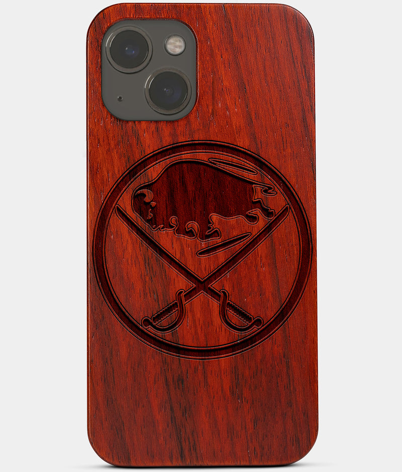 Carved Wood Buffalo Sabres iPhone 13 Case | Custom Buffalo Sabres Gift, Birthday Gift | Personalized Mahogany Wood Cover, Gifts For Him, Monogrammed Gift For Fan | by Engraved In Nature