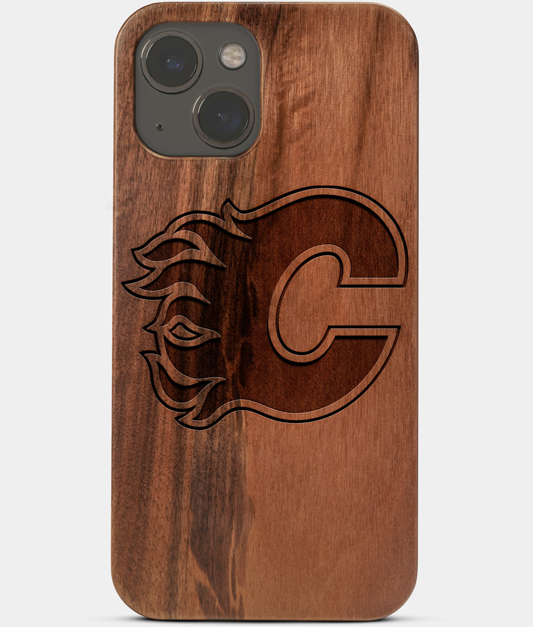 Carved Wood Calgary Flames iPhone 13 Case | Custom Calgary Flames Gift, Birthday Gift | Personalized Mahogany Wood Cover, Gifts For Him, Monogrammed Gift For Fan | by Engraved In Nature