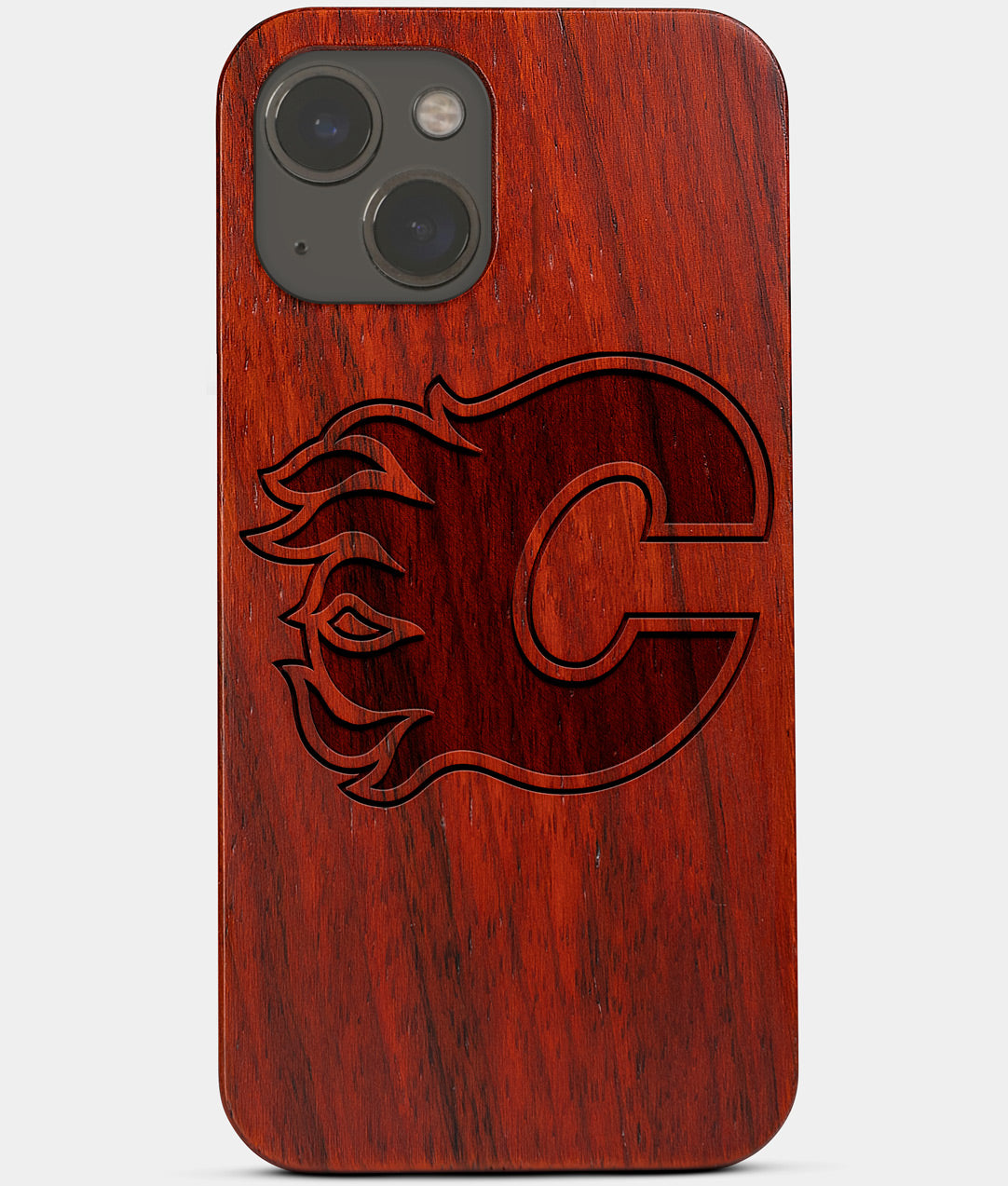 Carved Wood Calgary Flames iPhone 13 Mini Case | Custom Calgary Flames Gift, Birthday Gift | Personalized Mahogany Wood Cover, Gifts For Him, Monogrammed Gift For Fan | by Engraved In Nature