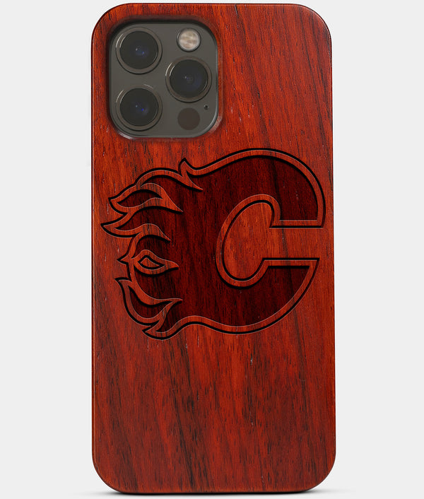 Carved Wood Calgary Flames iPhone 13 Pro Case | Custom Calgary Flames Gift, Birthday Gift | Personalized Mahogany Wood Cover, Gifts For Him, Monogrammed Gift For Fan | by Engraved In Nature